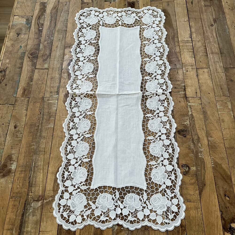 Rose Bordered Embroidered Cutwork Table Runner White Cotton 14 x 32 in
